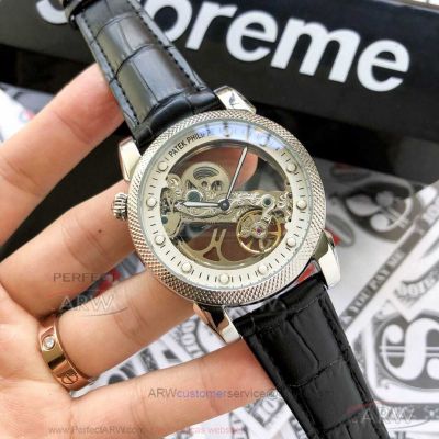 AAA Replica Patek Philippe Complications Skeleton Tourbillon 42 MM Steel Case Leather Strap Watch